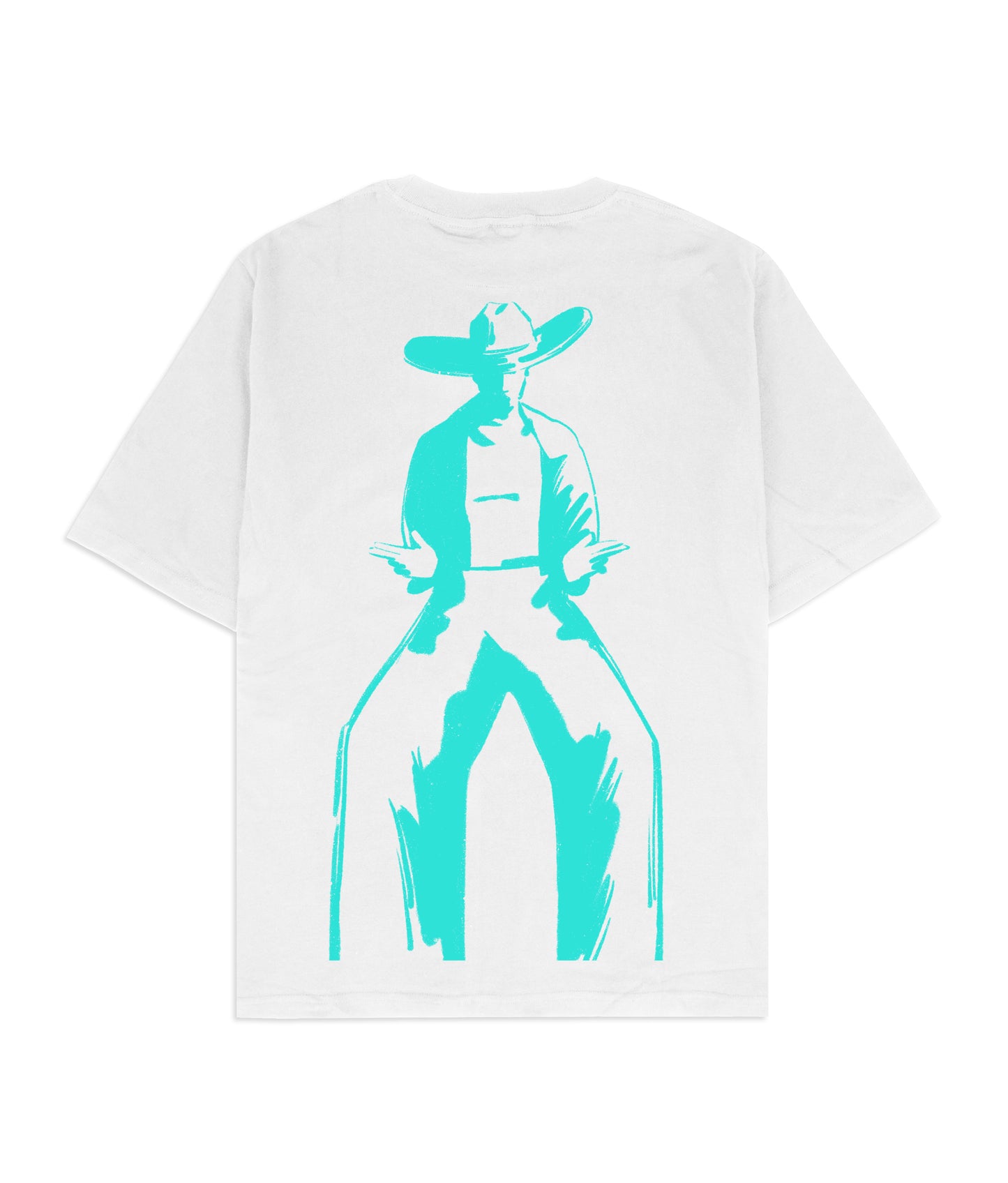 White T-Shirt - Neon Blue Gunslinger Print